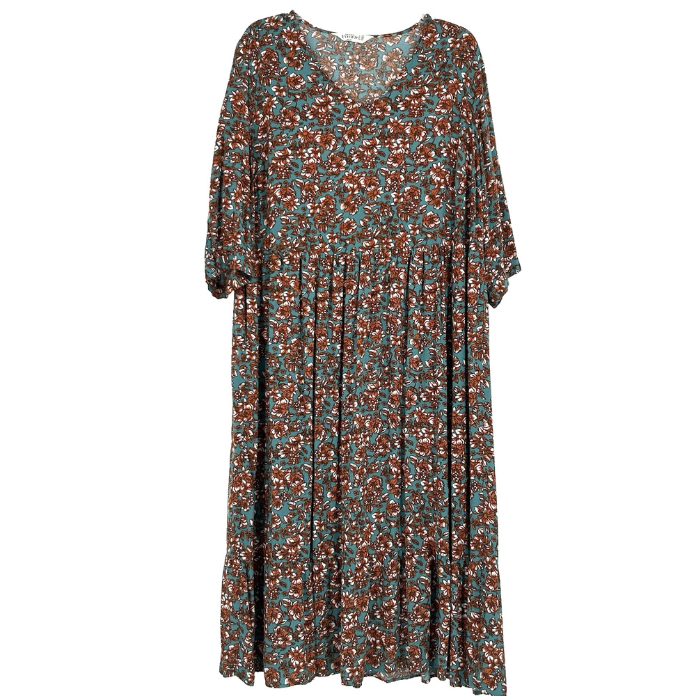 Studio Untold Ditsy Floral Maxi Dress Teal Orange 3/4 Sleeves Boho Sz 20/22